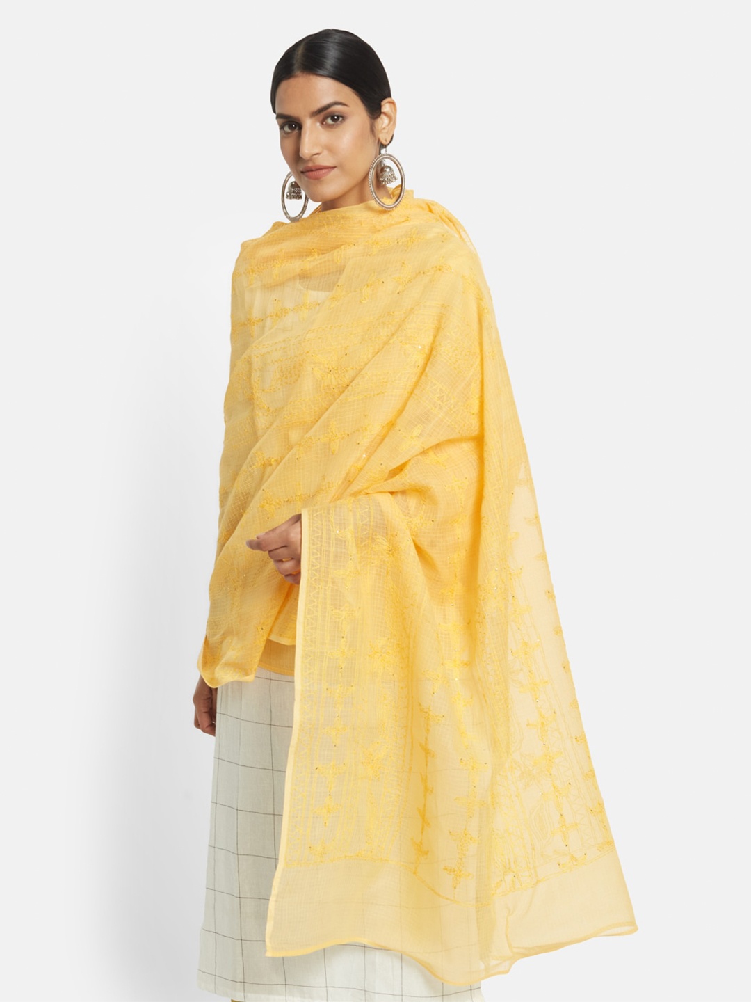 

Fabindia Women Yellow Chikankari Embroidered Cotton Silk Dupatta