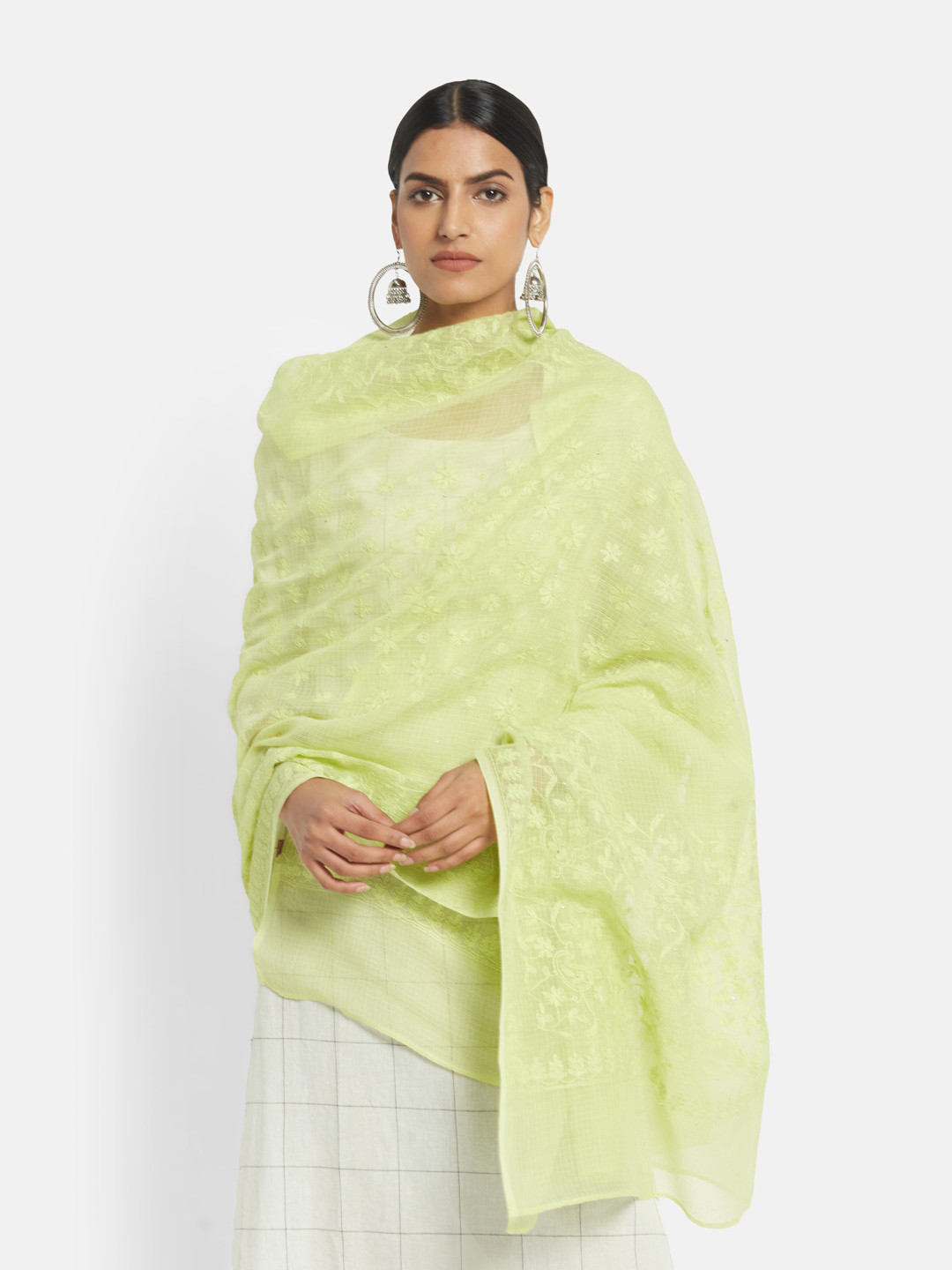 

Fabindia Women Green Chikankari Embroidered Cotton Silk Dupatta