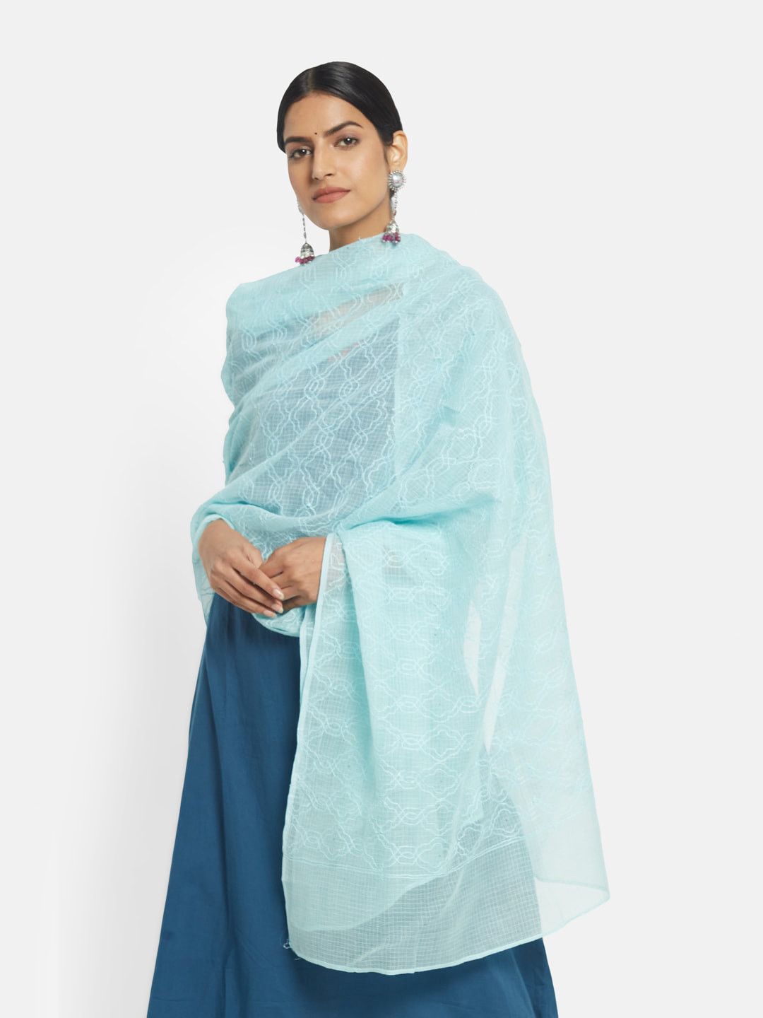 

Fabindia Turquoise Blue Ethnic Motifs Chikankari Embroidered Cotton Silk Dupatta
