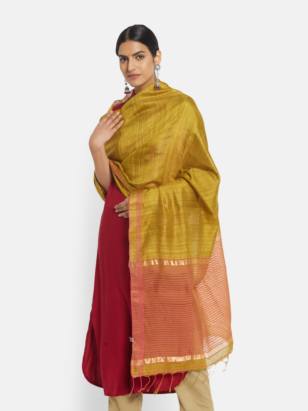 

Fabindia Green & Peach-Coloured Woven Design Pure Silk Dupatta