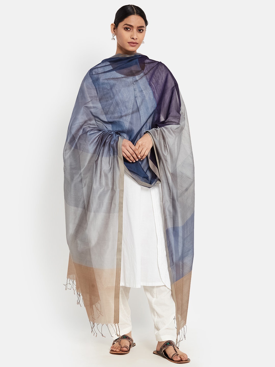 

Fabindia Blue & Beige Woven Design Cotton Silk Dupatta
