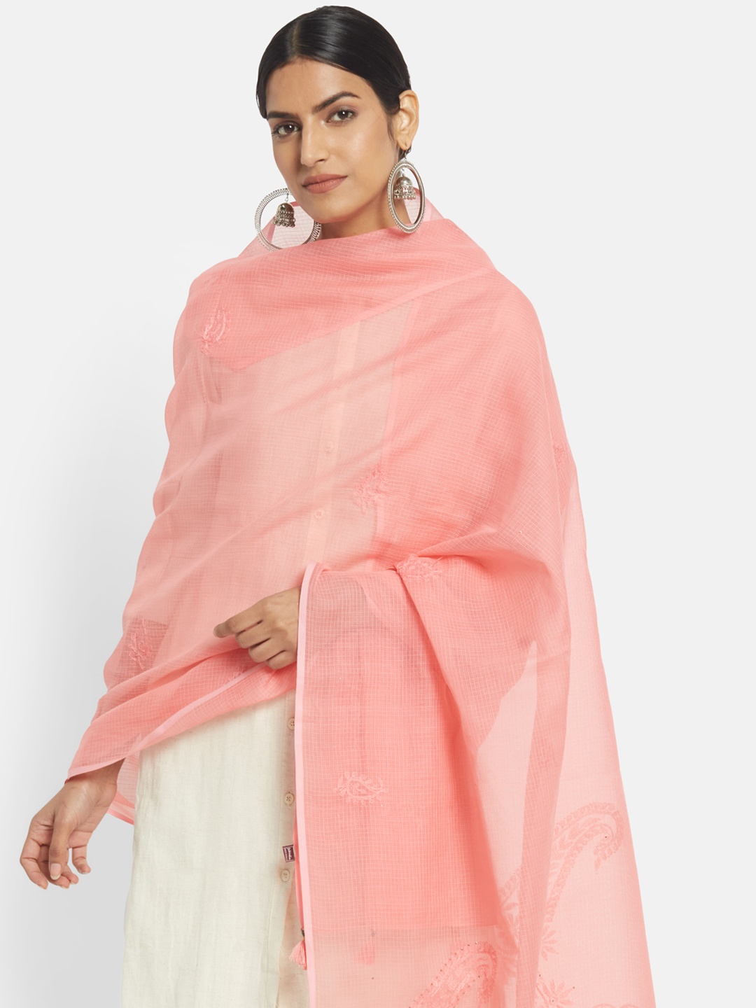 Fabindia Coral Embroidered Cotton Silk Dupatta with Chikankari