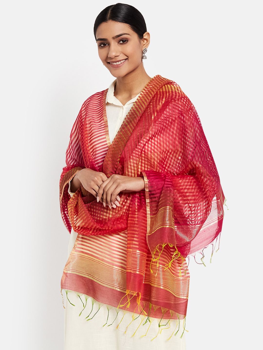 

Fabindia Women Red & Gold-Toned Woven Design Cotton Silk Dupatta with Zari