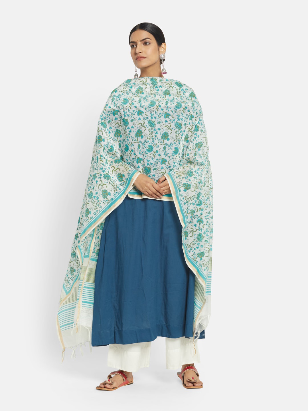 

Fabindia Blue & White Printed Cotton Silk Dupatta with Zari