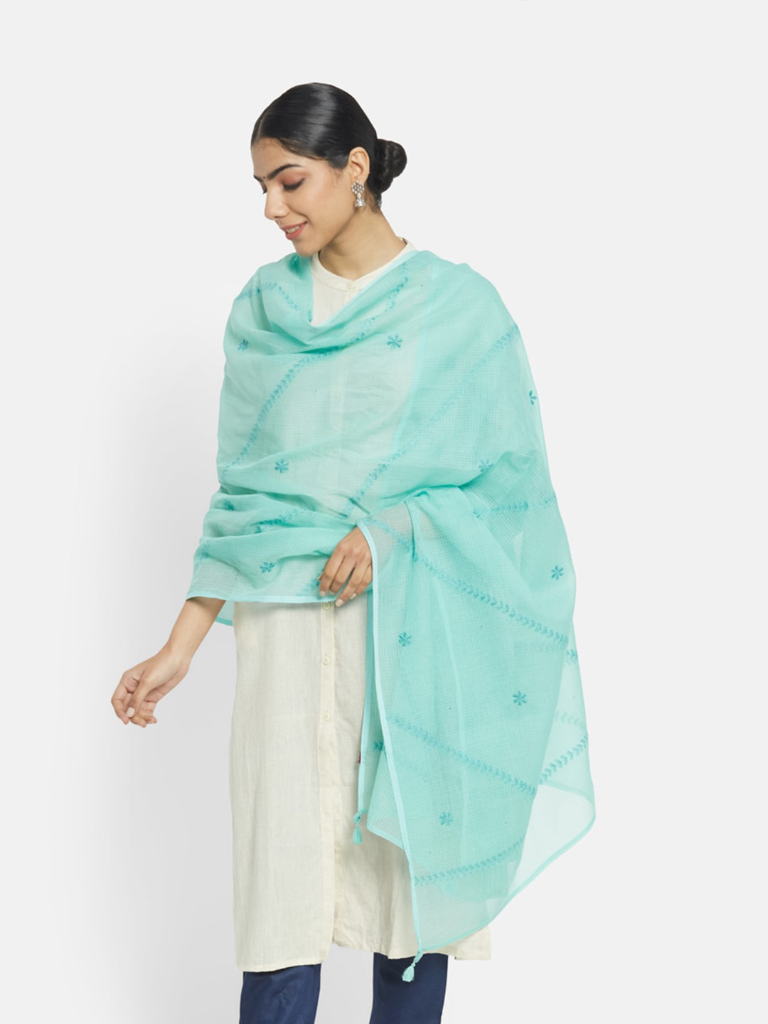 

Fabindia Women Turquoise Blue Ethnic Motifs Cotton Silk Dupatta with Chikankari