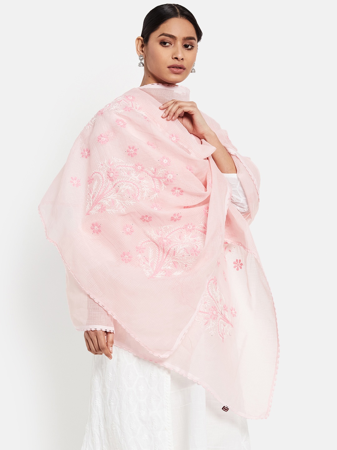 

Fabindia Women Pink & White Chikankari Embroidered Cotton Silk Dupatta