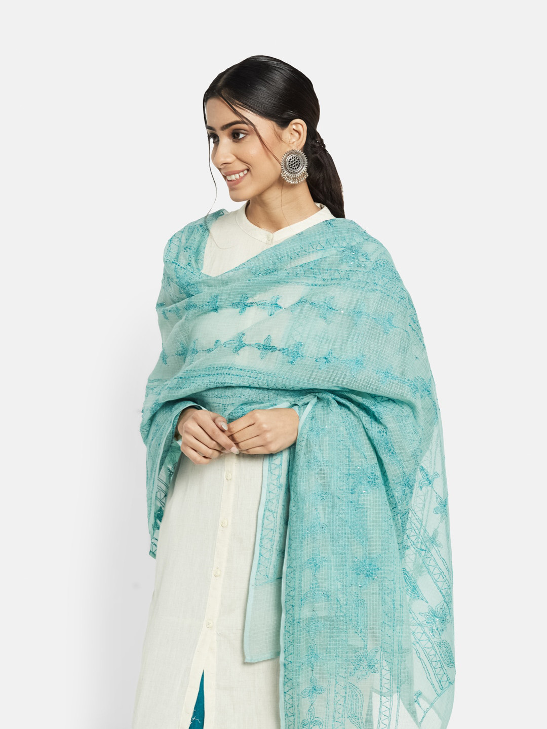 

Fabindia Blue Embroidered Cotton Silk Dupatta