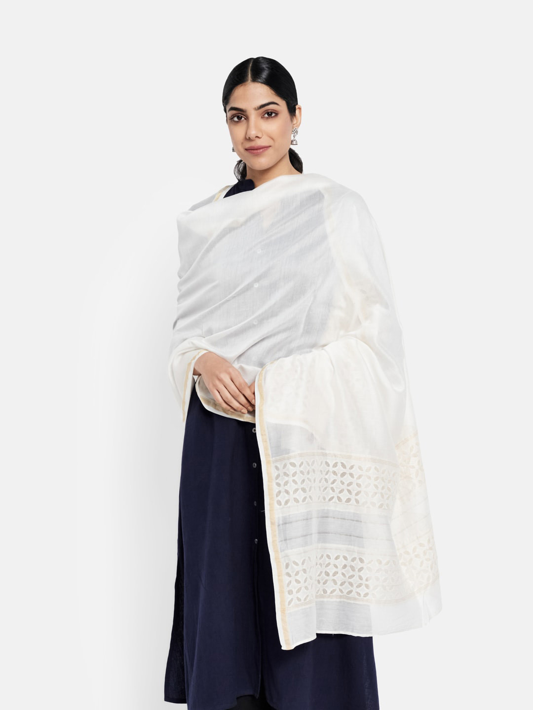 

Fabindia White & Gold-Toned Woven Design Cotton Silk Dupatta