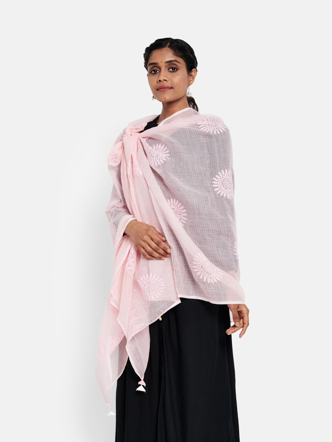 

Fabindia Women Pink Floral Embroidered Chikankari Dupatta