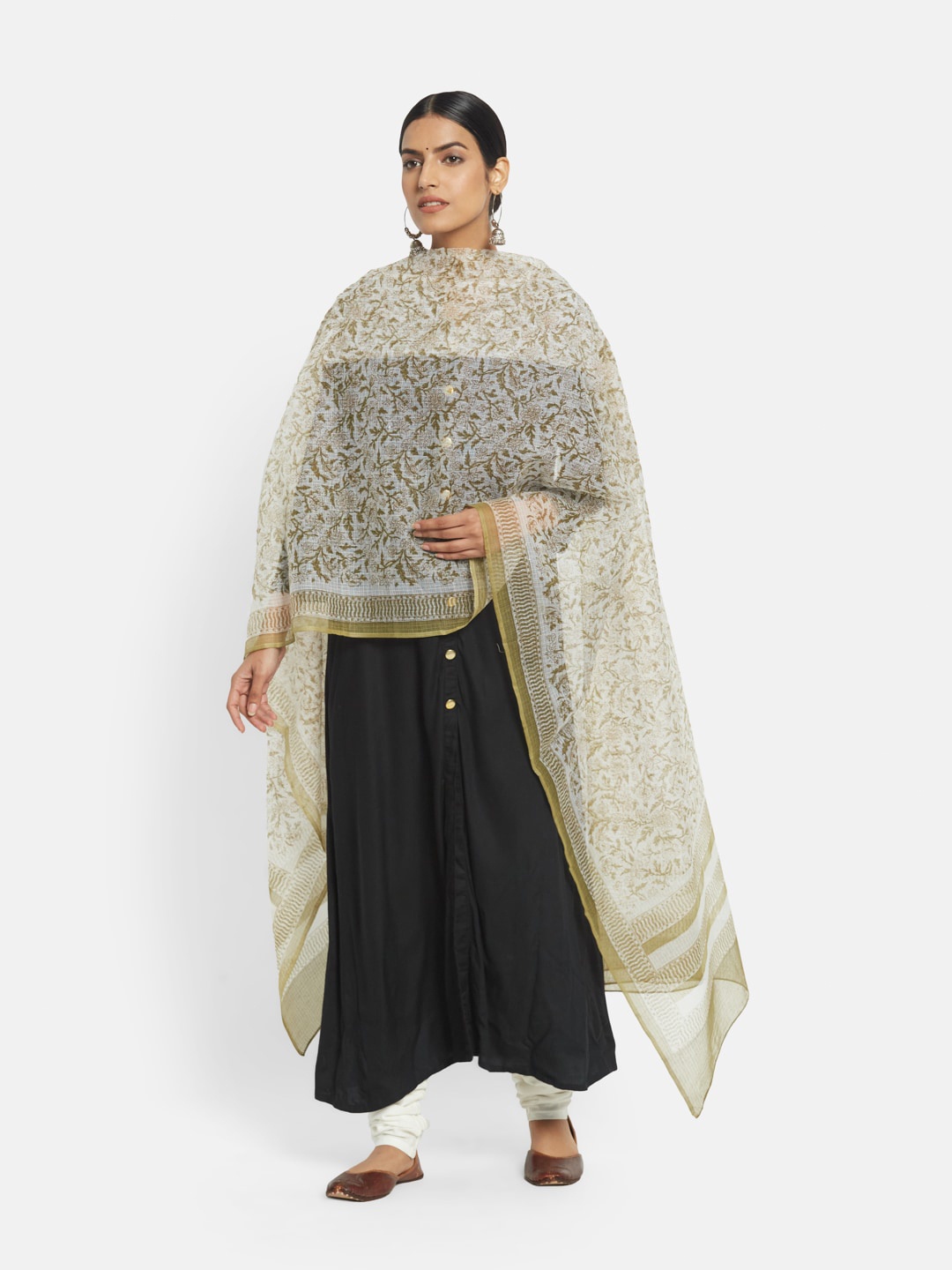 

Fabindia Green & White Printed Cotton Silk Dupatta