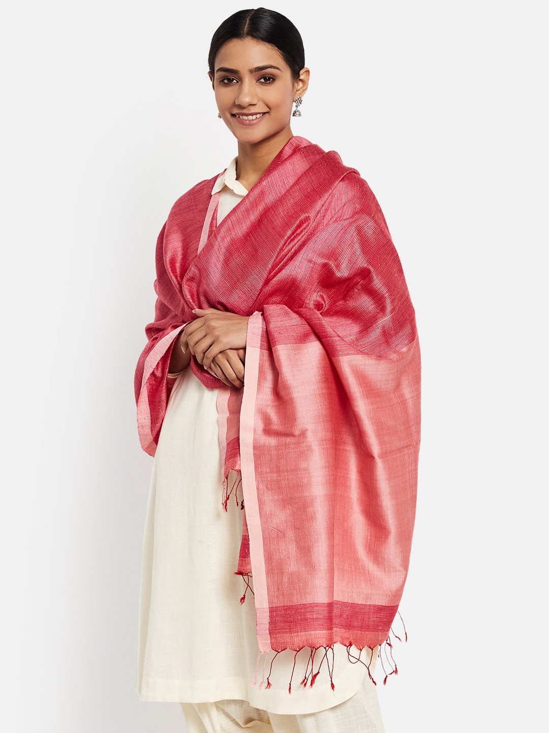 

Fabindia Women Pink Self Designed Pure Silk Dupatta With Tassels Border