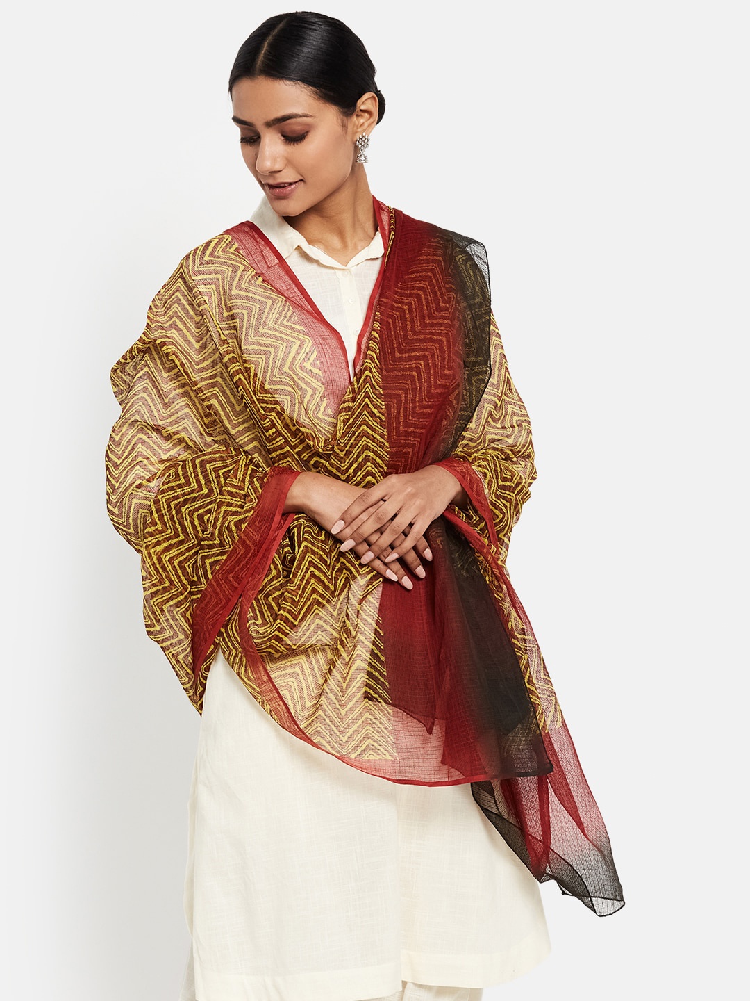 

Fabindia FabBasic Mustard Yellow & Maroon Printed Cotton Silk Dupatta