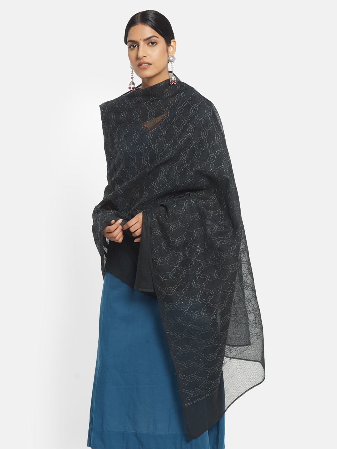 

Fabindia Black Embroidered Cotton Silk Dupatta