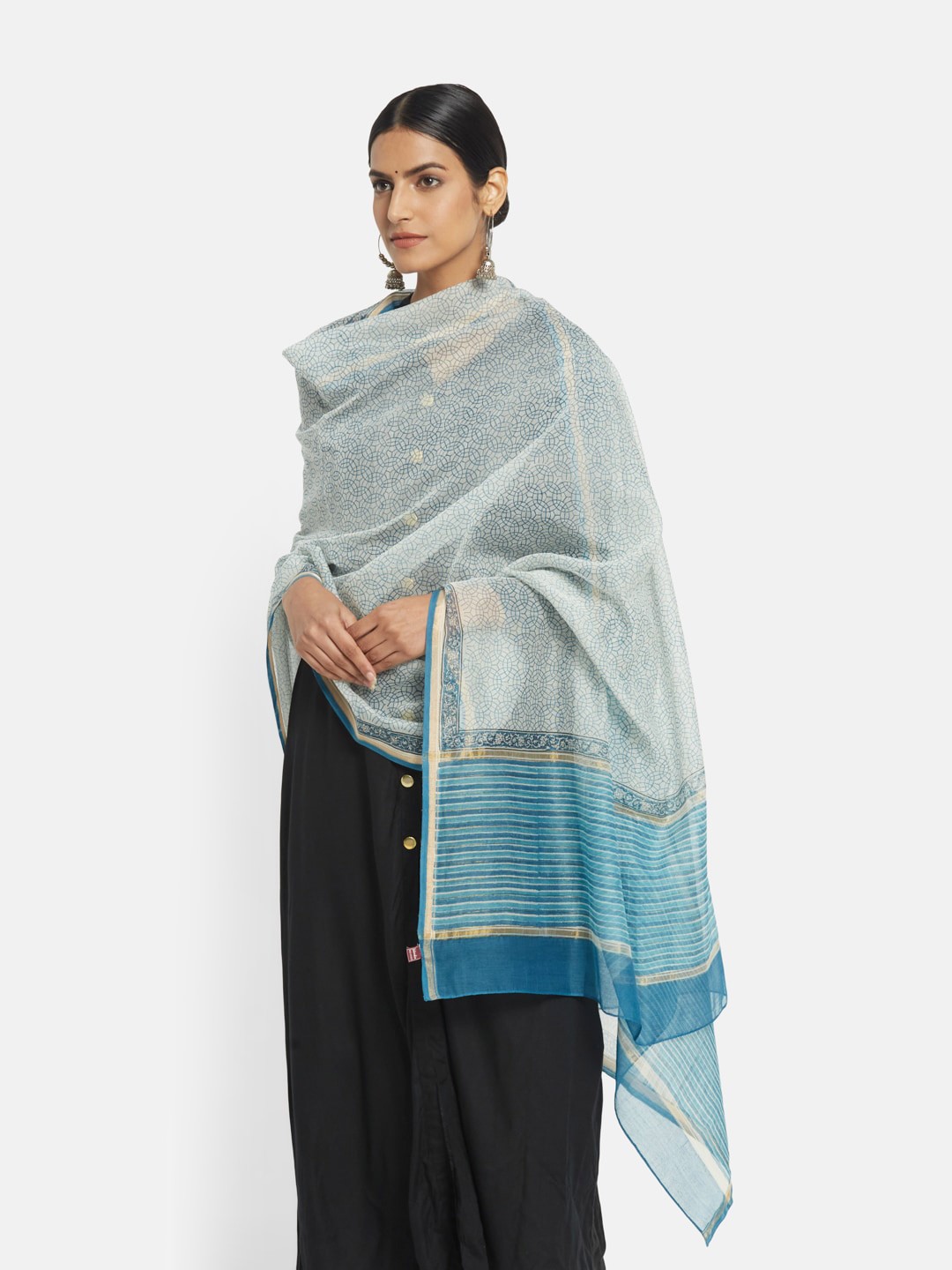 

Fabindia Blue & White Printed Cotton Silk Dupatta