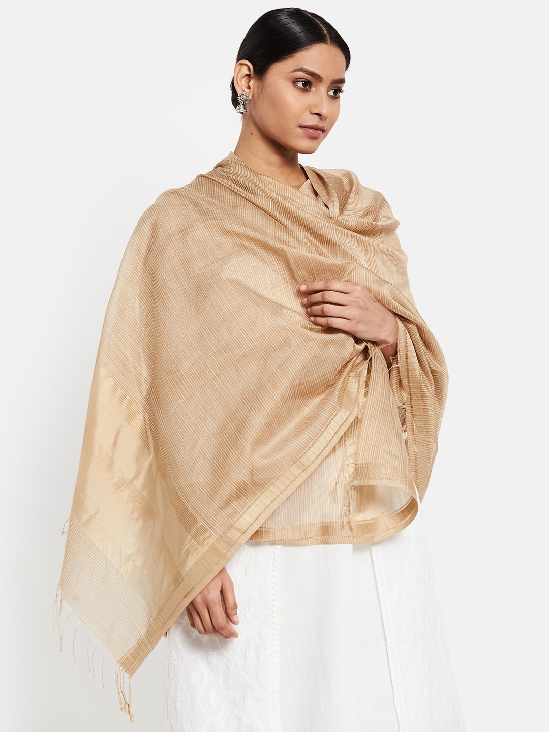

Fabindia Women Beige Solid Cotton Silk Dupatta