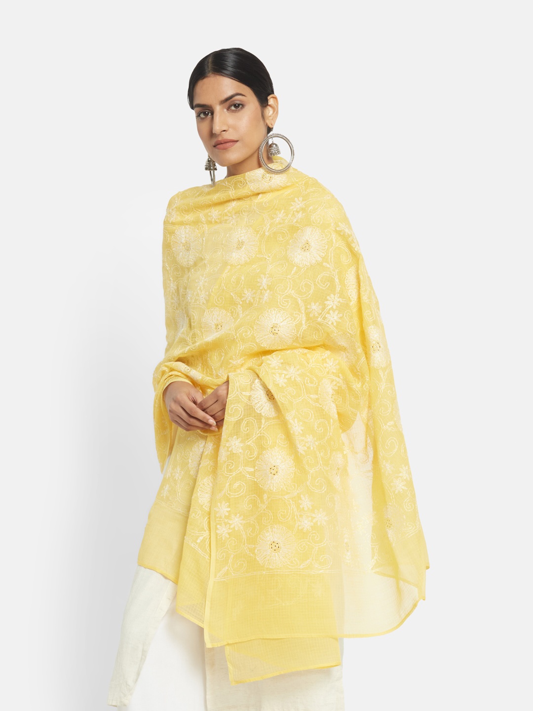 

Fabindia Yellow & White Embroidered Chikankari Cotton Silk Dupatta