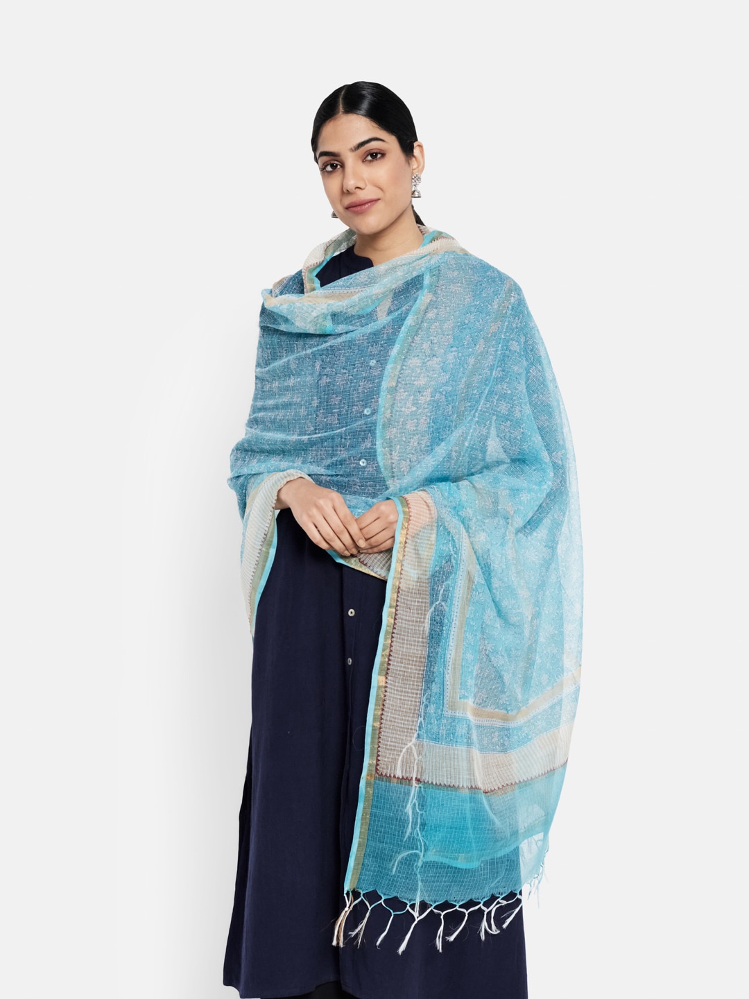 

Fabindia Women Blue & White Printed Cotton Silk Dupatta