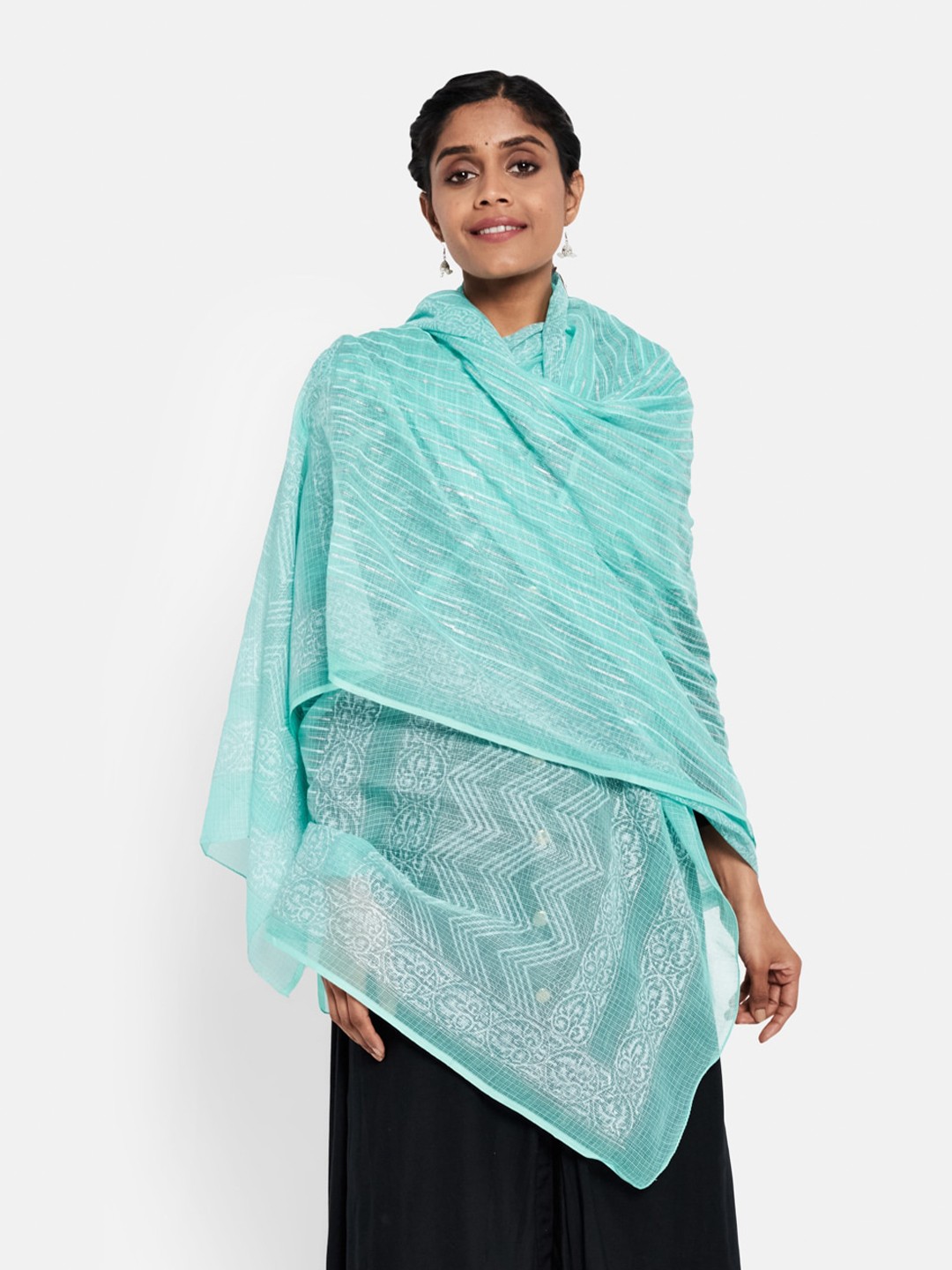 

Fabindia Women Blue & Silver-Toned Printed Cotton Silk Dupatta