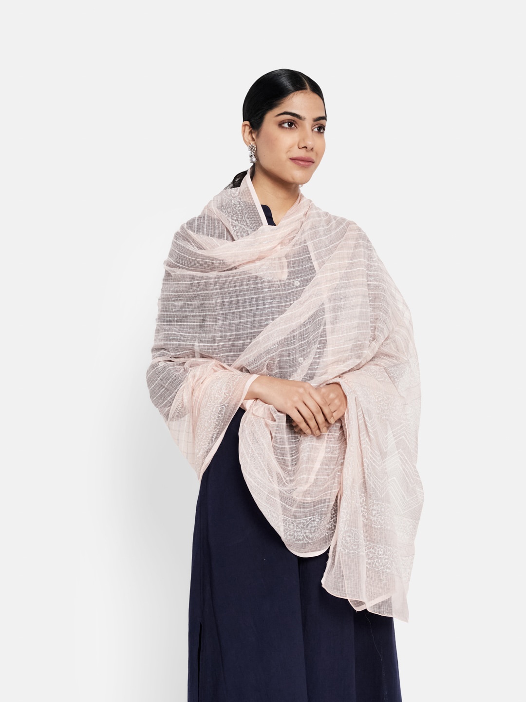 

Fabindia Peach-Coloured & Grey Striped Cotton Silk Dupatta