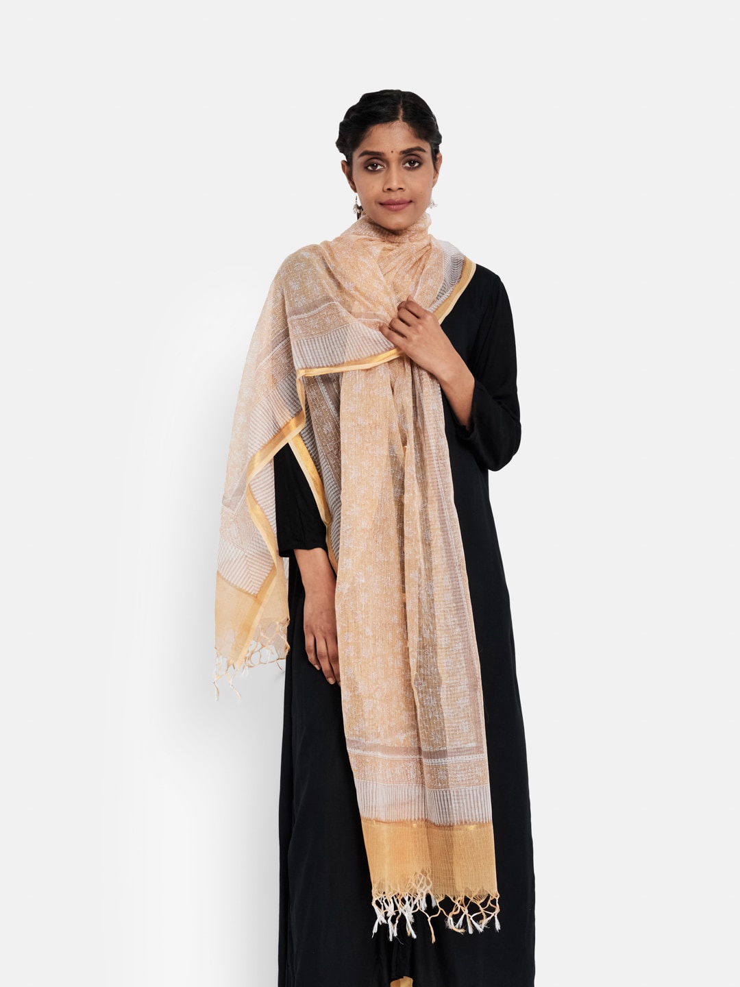

Fabindia Yellow & White Printed Cotton Silk Dupatta