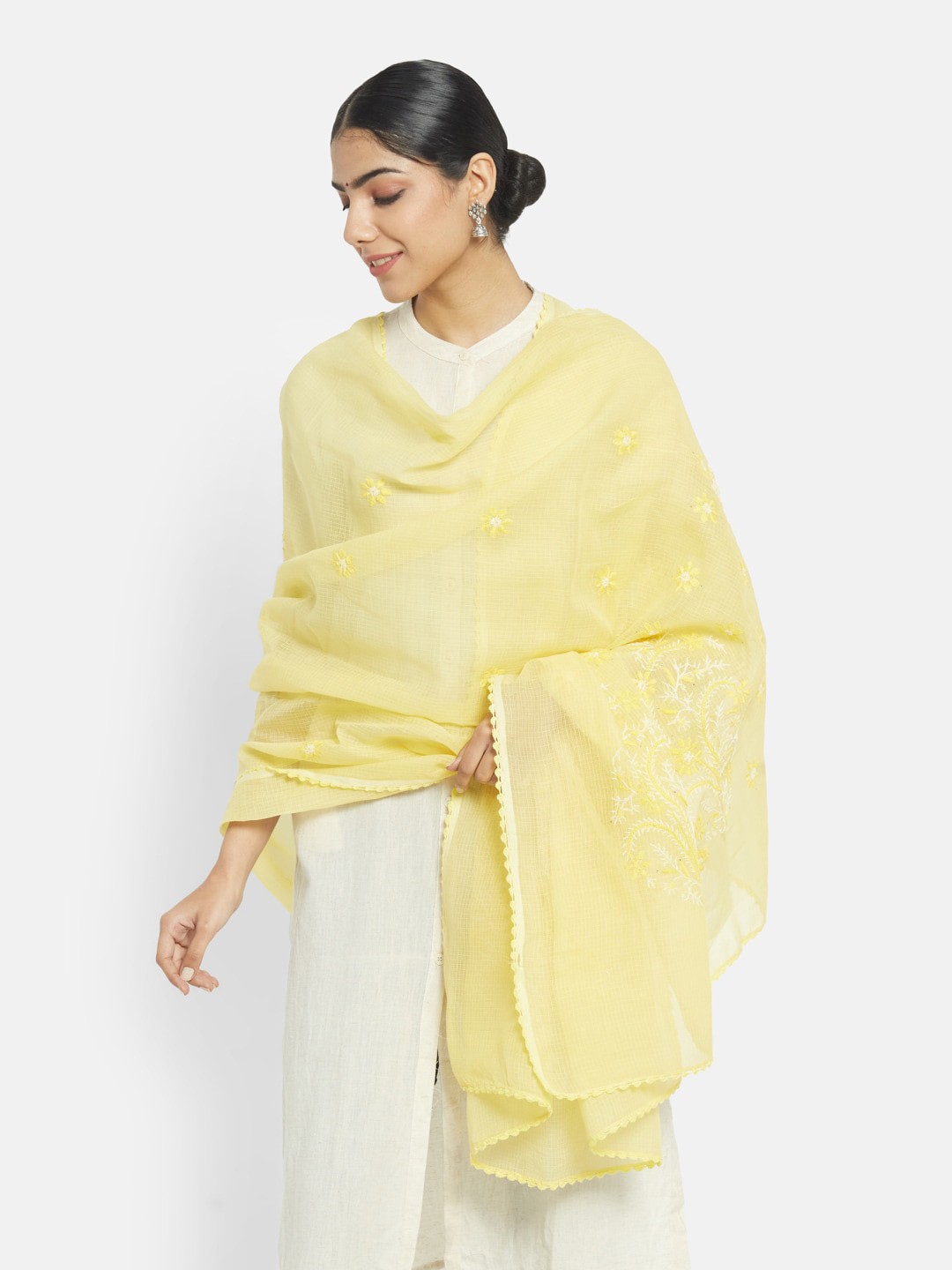 

Fabindia Women Yellow Embroidered Cotton Silk Dupatta