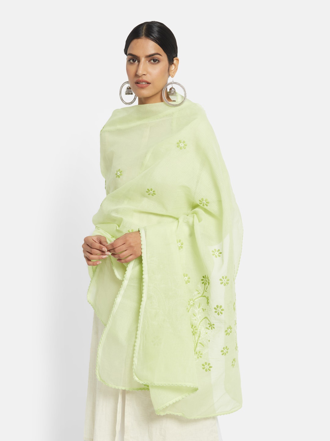 

Fabindia Women Lime Green Embroidered Cotton Silk Dupatta