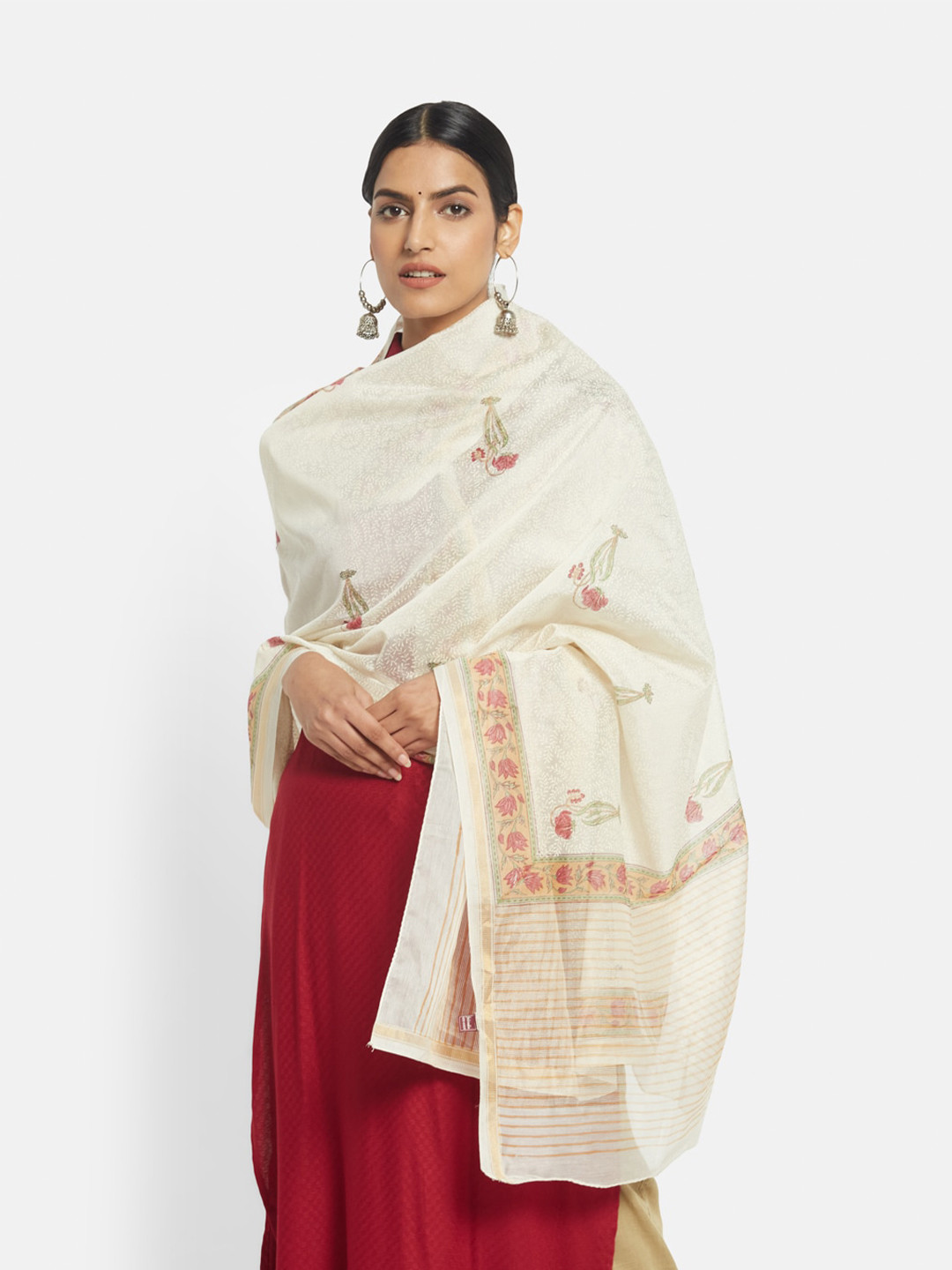 

Fabindia White & Red Printed Cotton Silk Dupatta