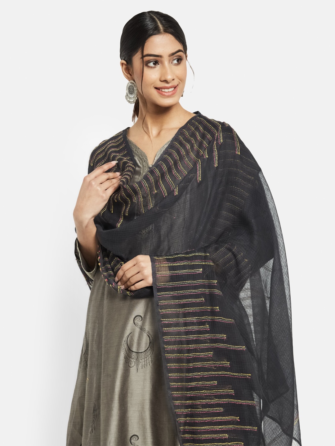 

Fabindia Black & Gold-Toned Embroidered Cotton Silk Dupatta with Kantha Work