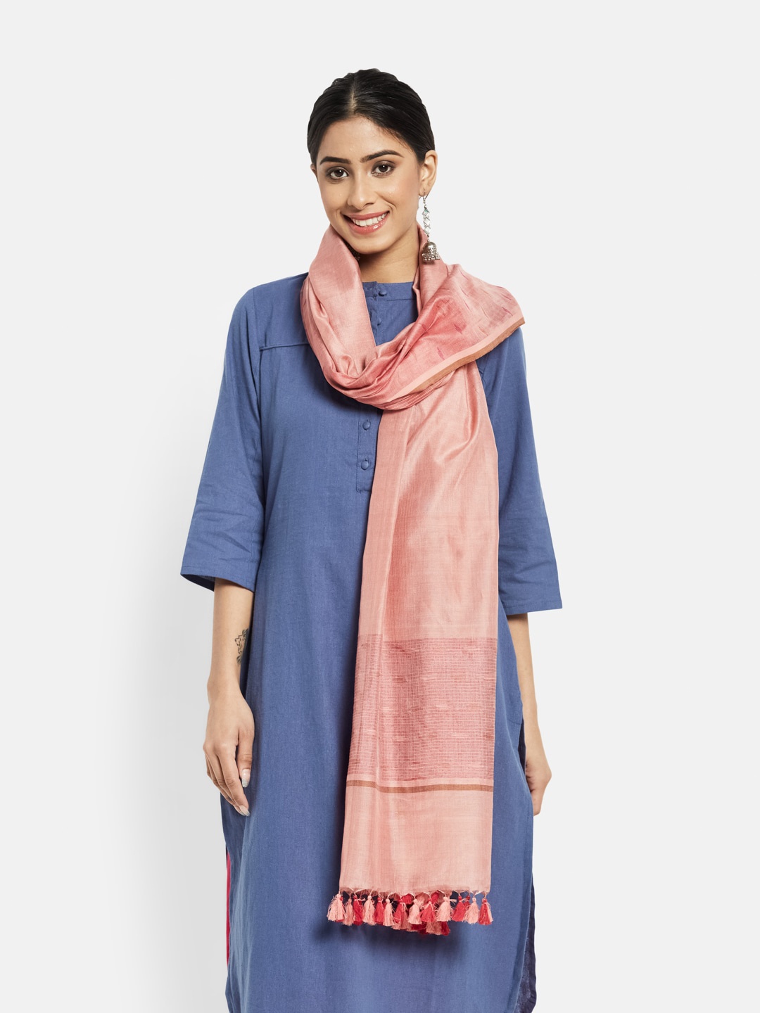 

Fabindia Peach-Coloured Cotton Silk Jamdani Dupatta