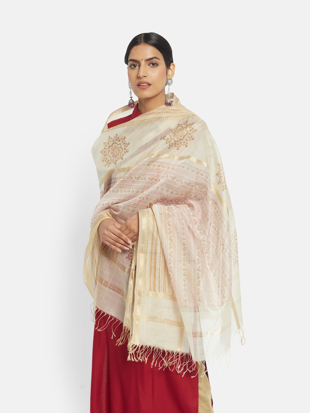 

Fabindia Pink & Cream-Coloured Ethnic Motifs Printed Cotton Silk Dupatta with Zari