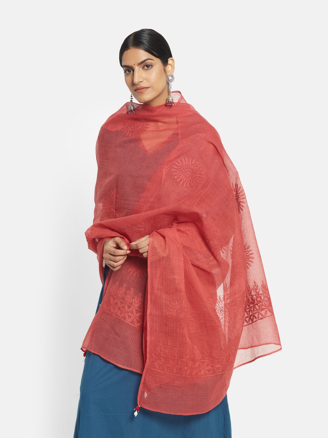 

Fabindia Red Embroidered Cotton Silk Dupatta with Thread Work