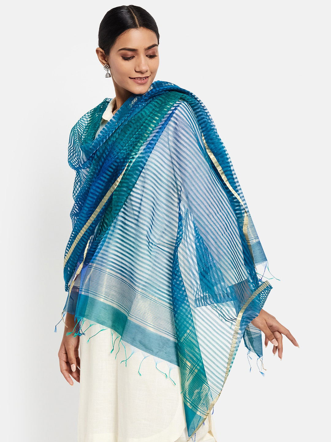 

Fabindia Teal & Gold-Toned Striped Cotton Silk Dupatta with Zari