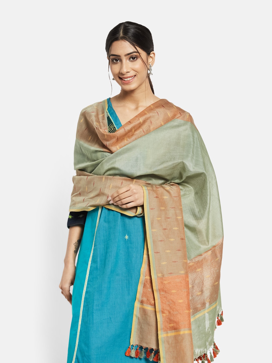 

Fabindia Green & Orange Woven Design Cotton Silk Dupatta
