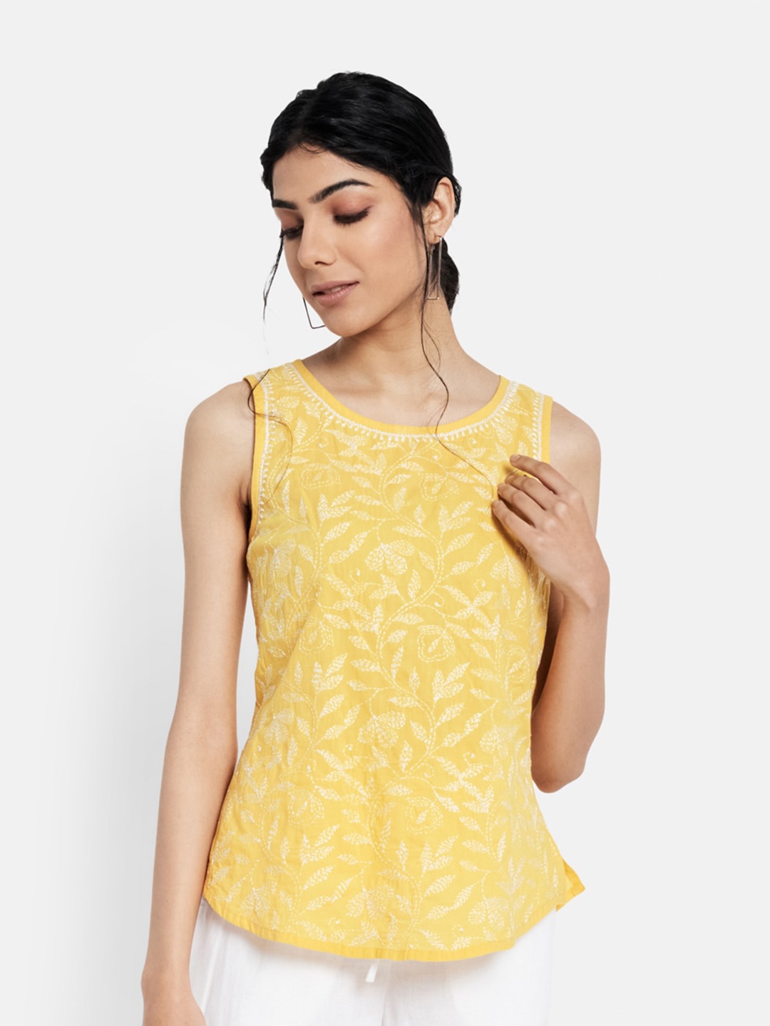 

Fabindia Women Yellow & White Chikankari Embroidered Pure Cotton Top