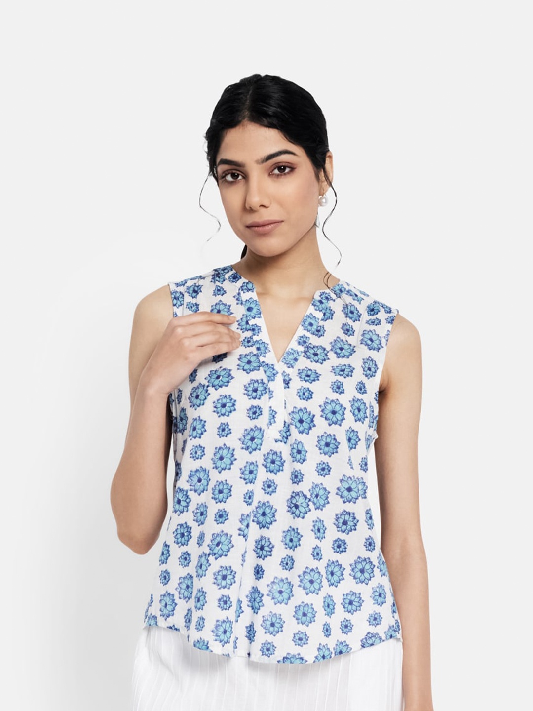 

Fabindia Blue Floral Printed Pure Cotton Top
