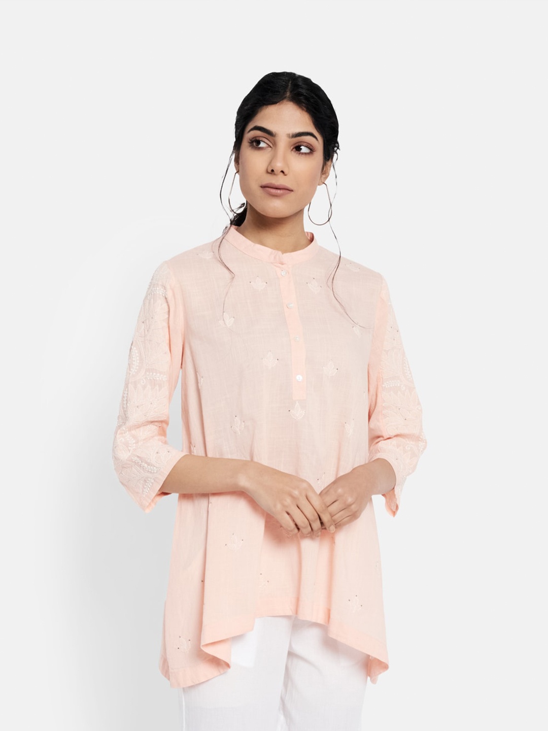 

Fabindia Peach-Coloured & White Mandarin Collar Embroidered Tunic
