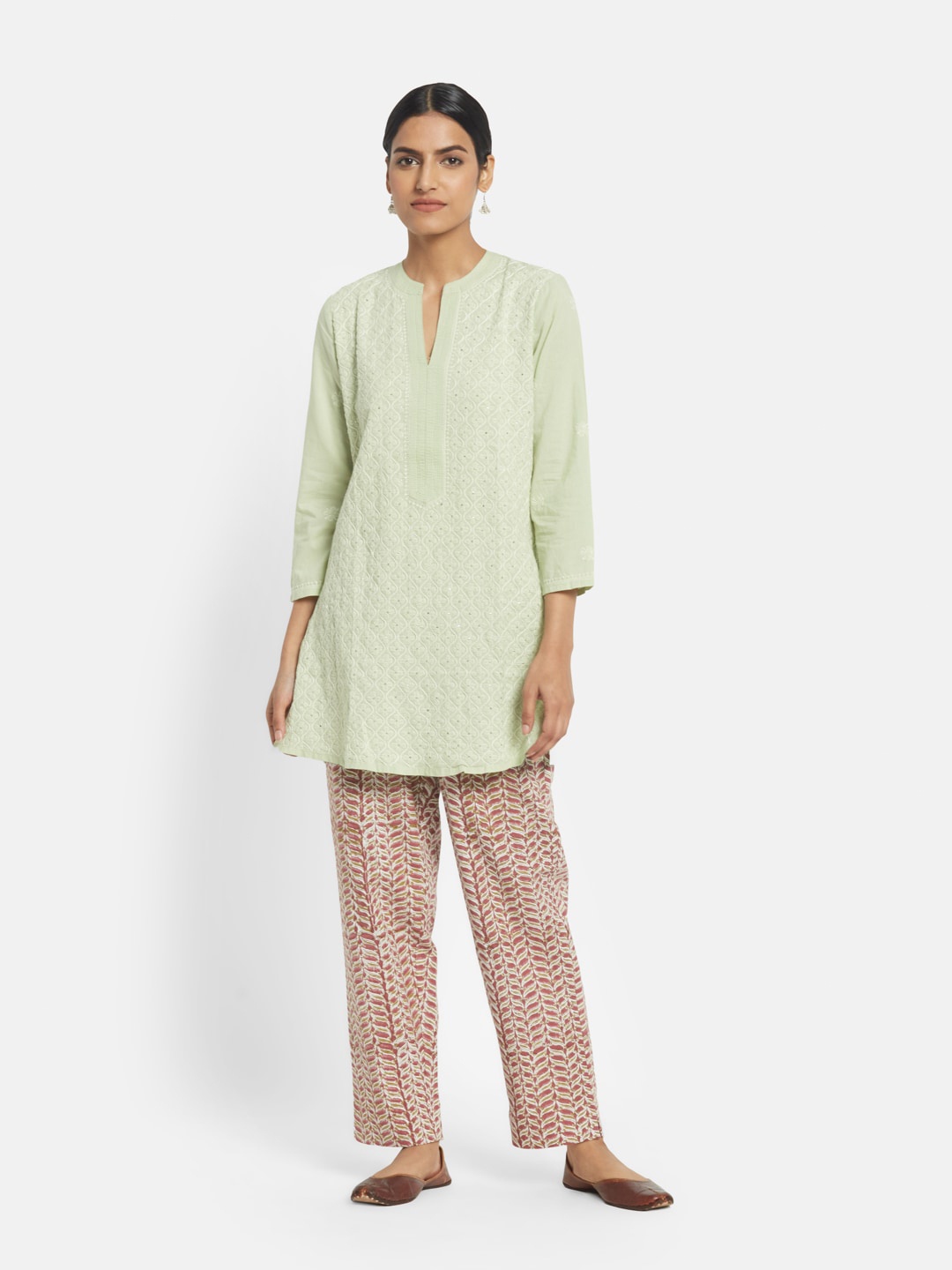 

Fabindia Green & White Embroidered Tunic