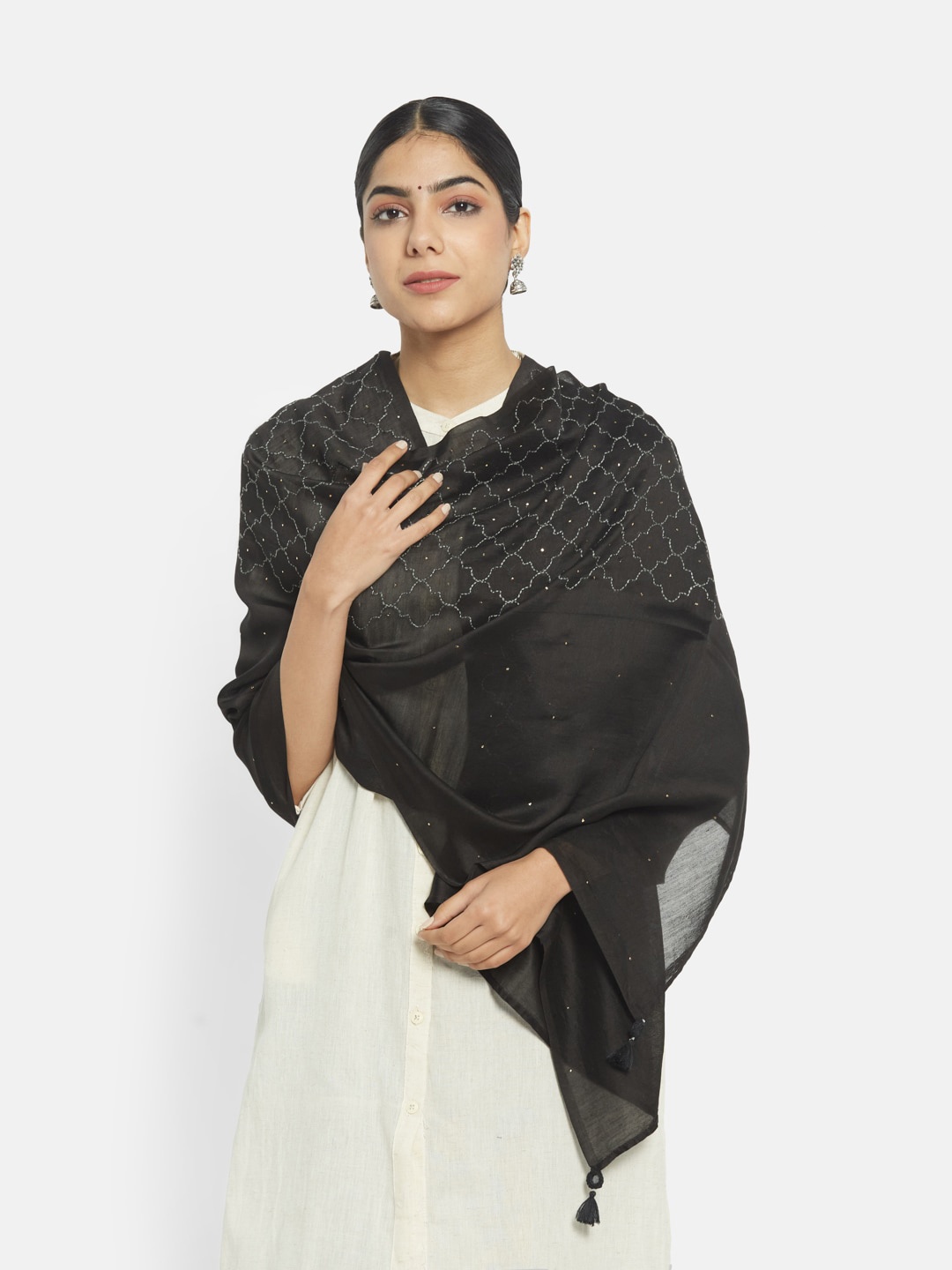 

Fabindia Women Black Chikankari Embroidered Cotton Silk Stole