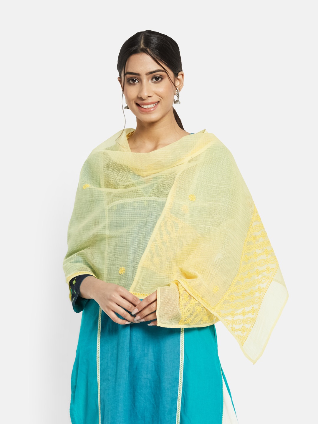 

Fabindia Women Yellow Embroidered Stole