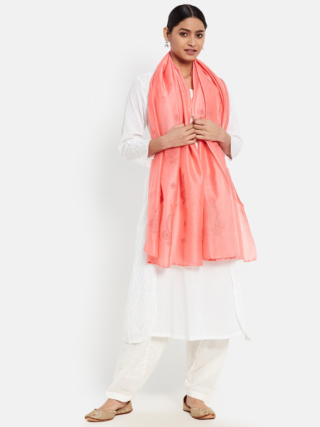 

Fabindia Women Pink Coral Floral Embroidered Cotton Silk Stoles