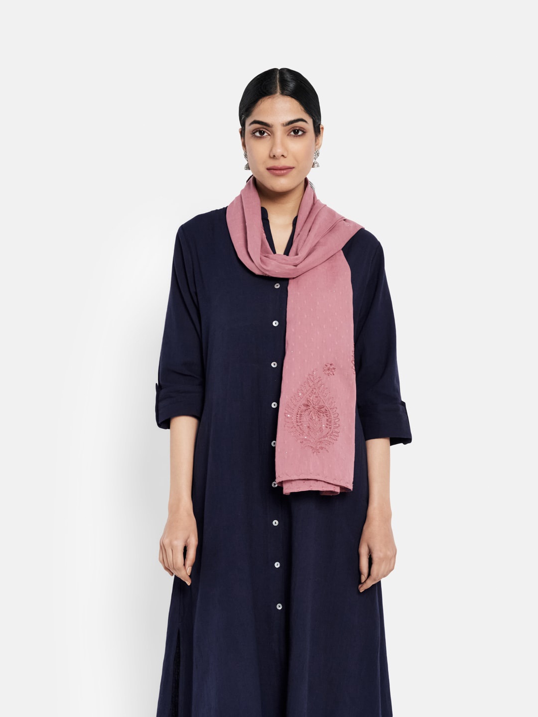 

Fabindia Women Pink Floral Embroidered Cotton Stoles