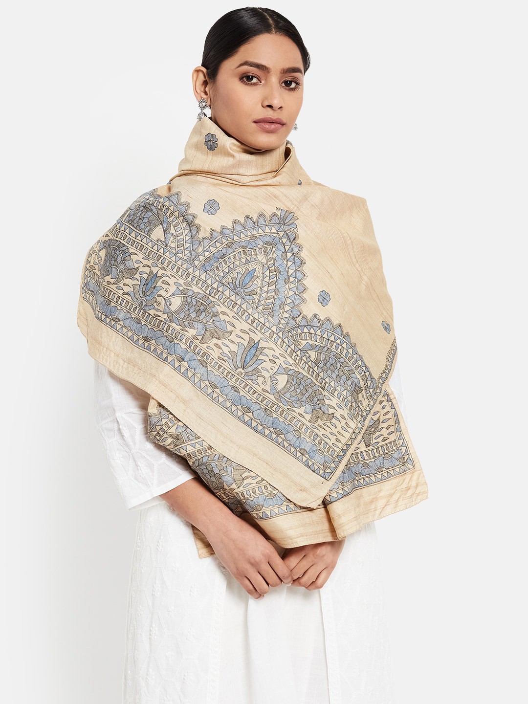 

Fabindia Women Beige & Blue Madhubani Printed Stole