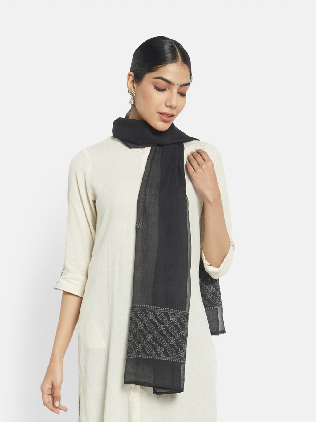 

Fabindia Women Black Chikankari Embroidered Cotton Silk Stole
