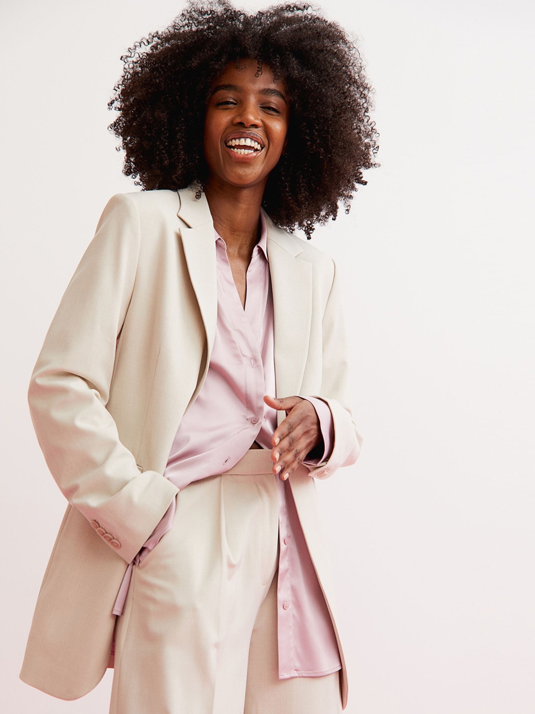 

H&M Women Beige Solid Single-Breasted Long Jacket