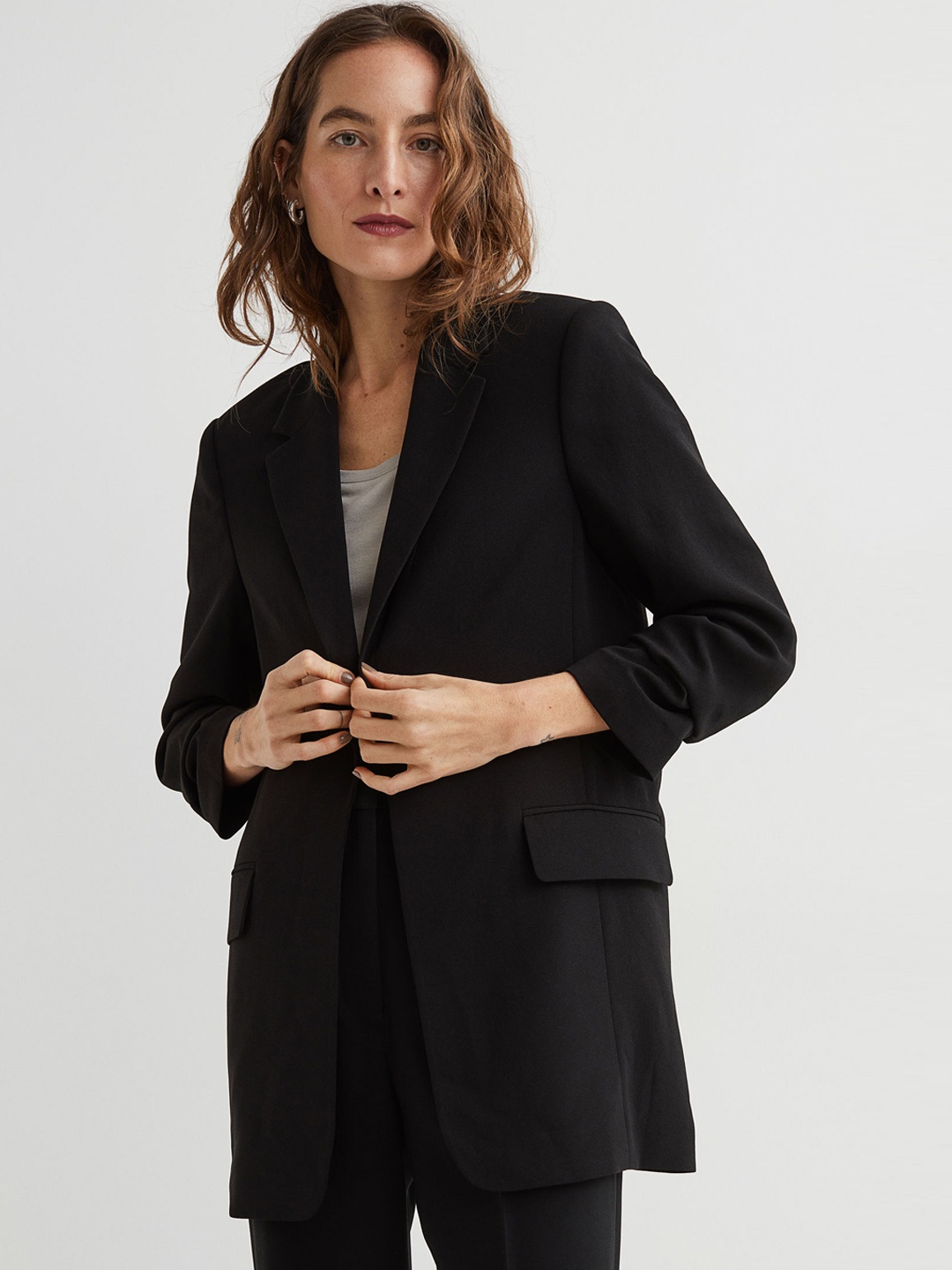 

H&M Women Black Solid Gathered-Sleeve Jacket