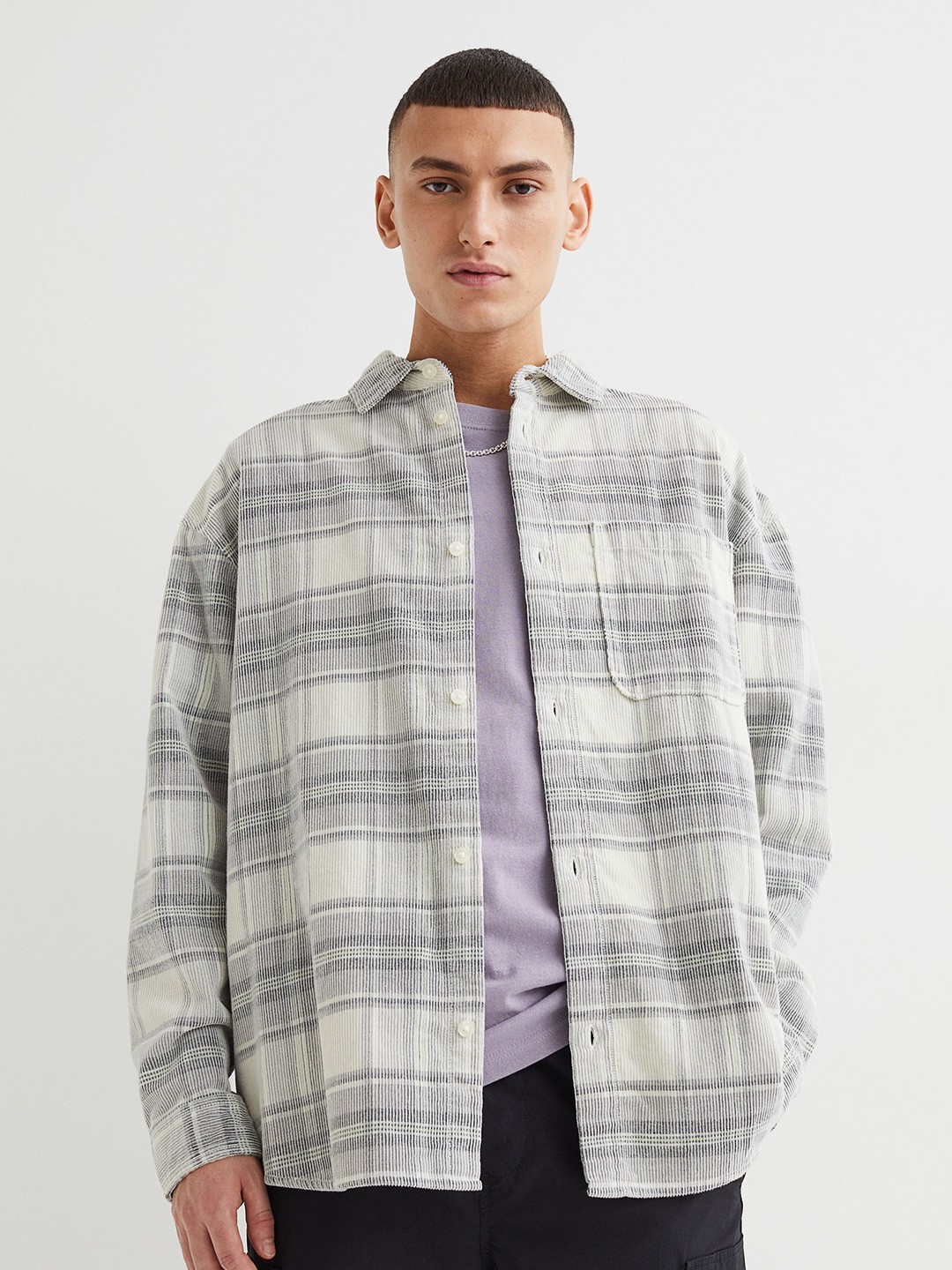 

H&M Grey Pure Cotton Oversized Fit Corduroy Overshirt