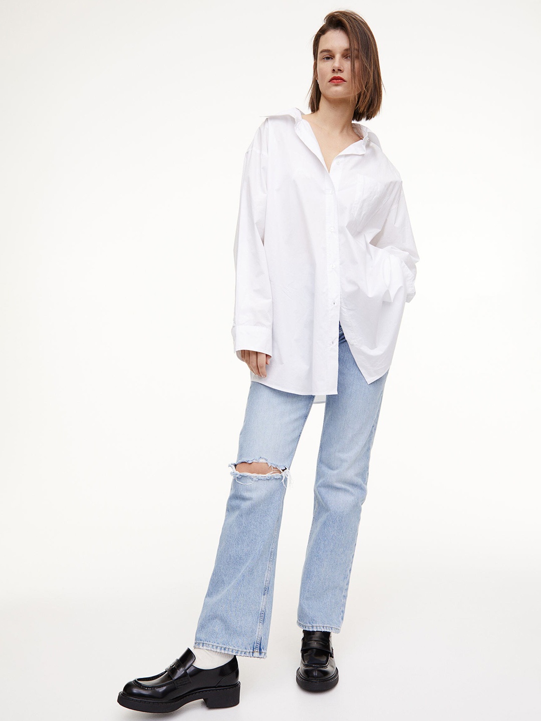 

H&M Women White Solid Pure Cotton Oversized Shirt