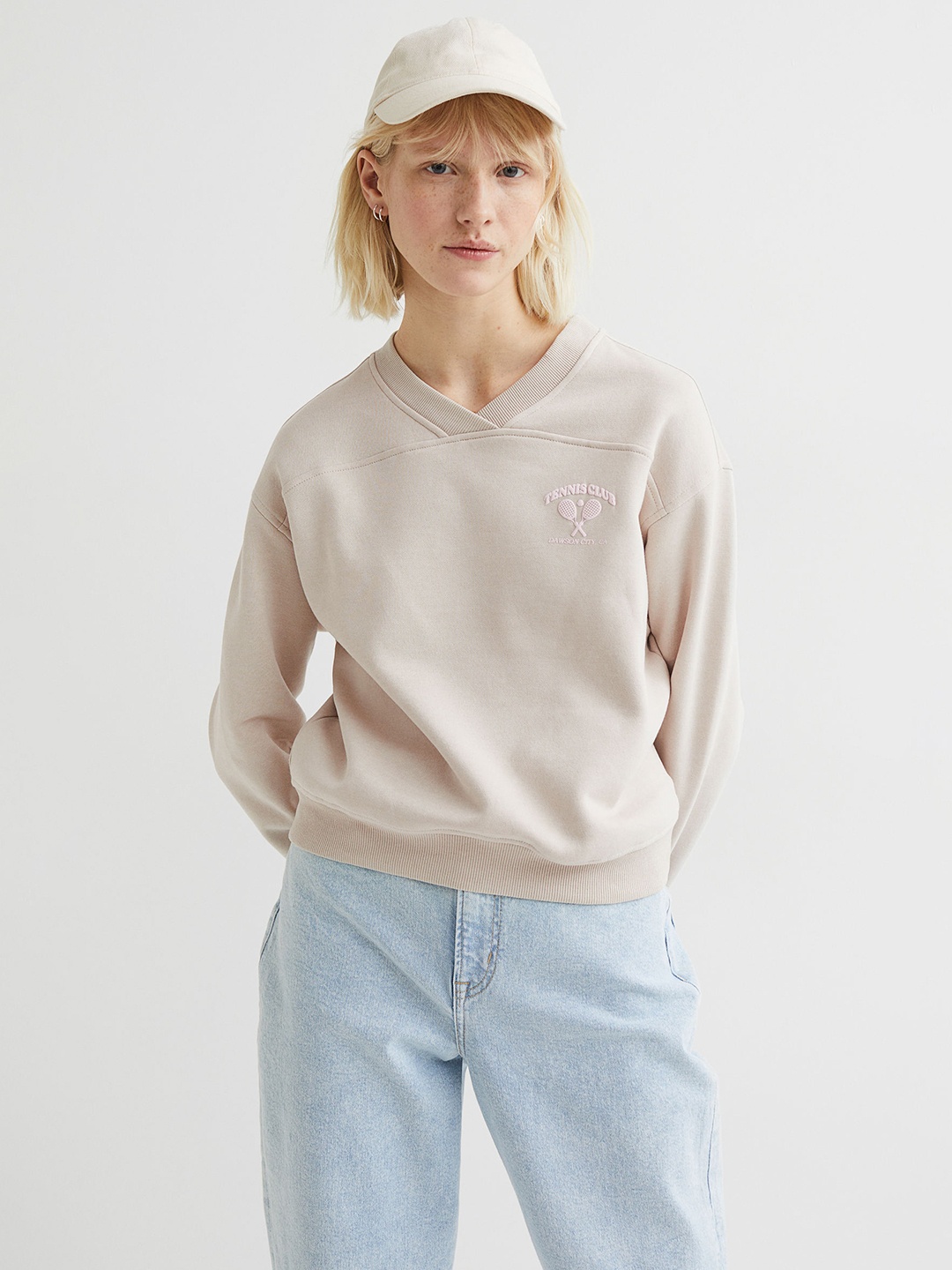 

H&M Women Beige Solid V-neck Sweatshirt