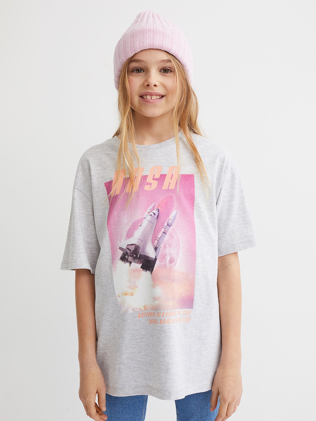 

H&M Girls Grey & Pink Printed Oversized Cotton T-shirt