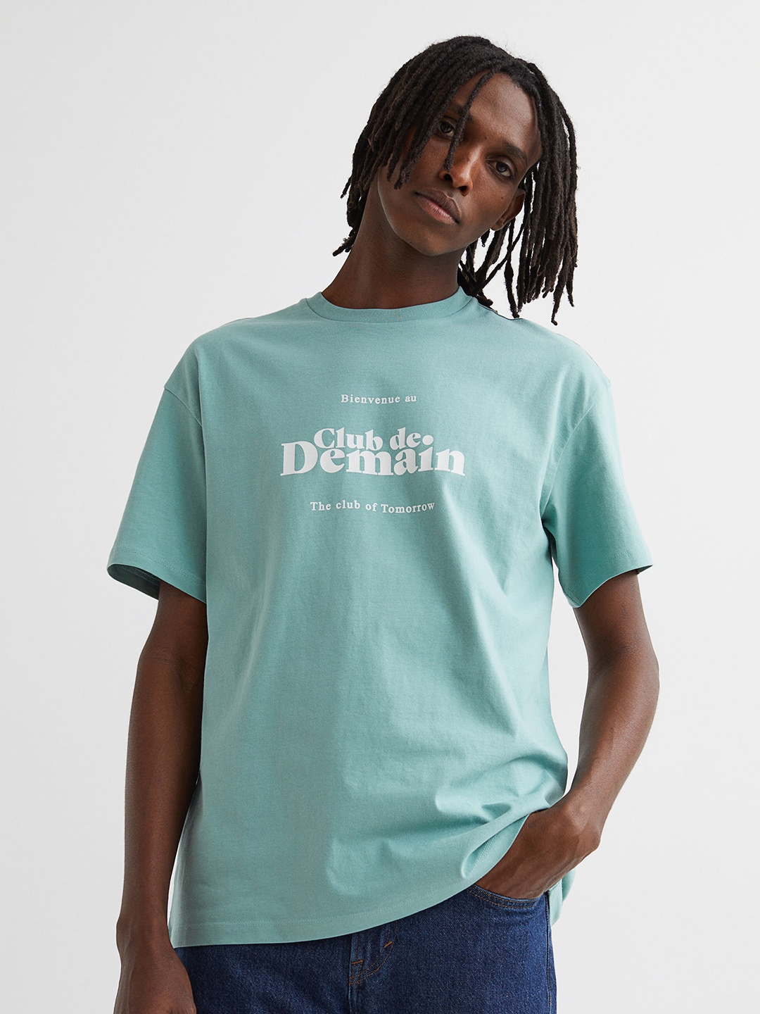 

H&M Men Turquoise Blue Pure Cotton Relaxed Fit Printed T-shirt